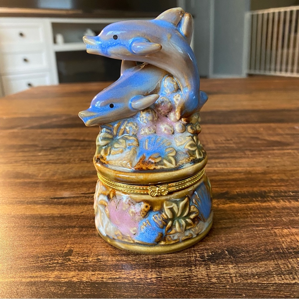 Ceramic dolphin hinged trinket box